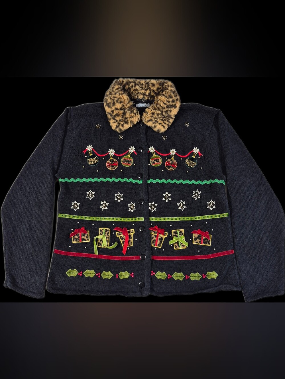 VTG Crystal Kobe Black Christmas Cardigan Sweater L Faux Fur Leopard Collar